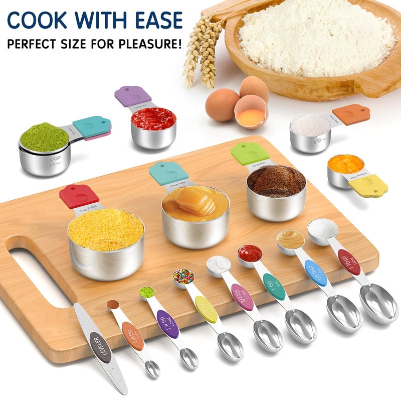 Minteem Magnetic Measuring Cups and Spoons Set, 7 Nesting Stainless Steel Measuring Cup Set with Easy to Read Markings, 7 Magnetic Measuring Spoons & 1 Leveler for Measuring Dry or Liquid Ingredients - Image 4